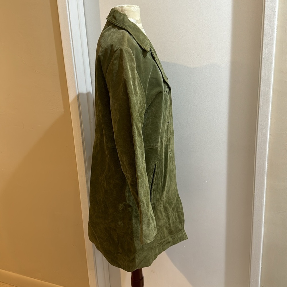 Wilsons Leather Soft Suede Vtg Avocado Green Pockets Lined Button Car Coat M - Picture 10 of 17
